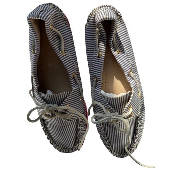 j. crew Sperry Topsider blue white engineer stripe non marking pink soles shoes - Picture 7 of 8